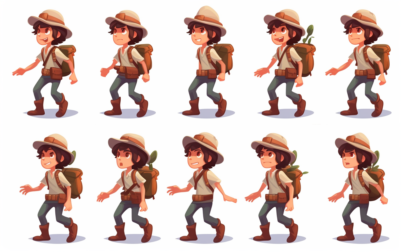 Cartoon-style young adventurer walk sprite sheet