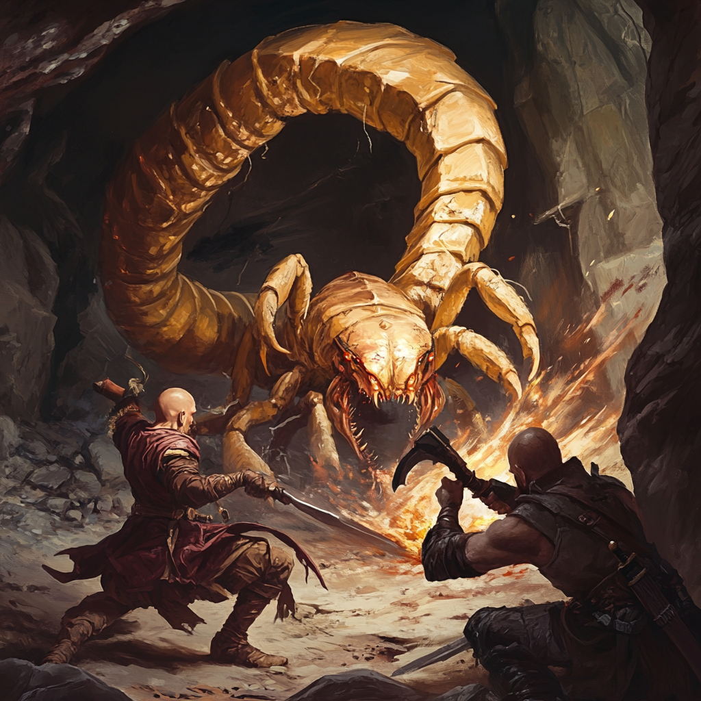 Adventurers battling scorpion in dark cave