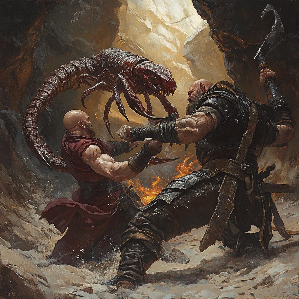 Two adventurers battle giant scorpion