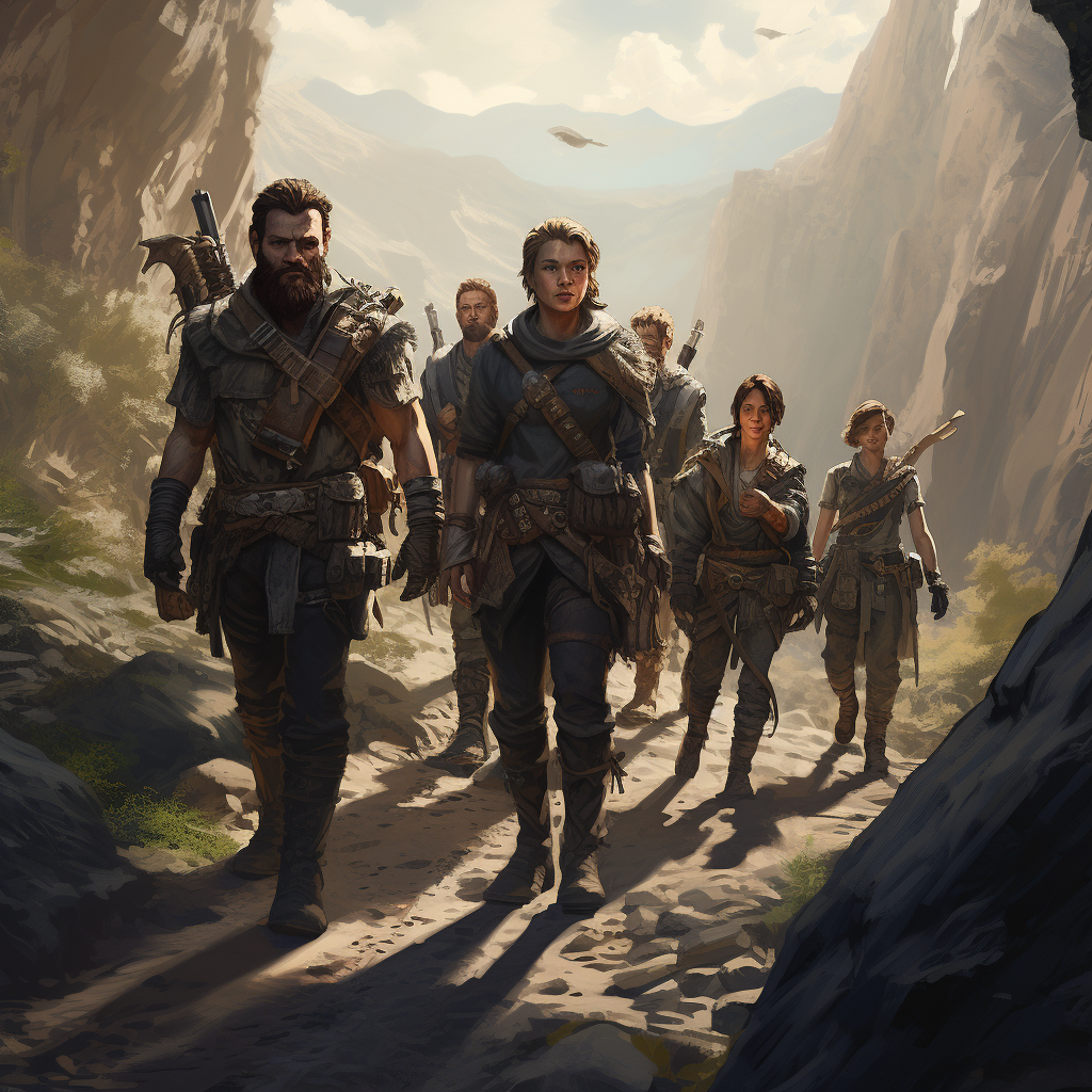 Group of adventurers on a journey with weapons