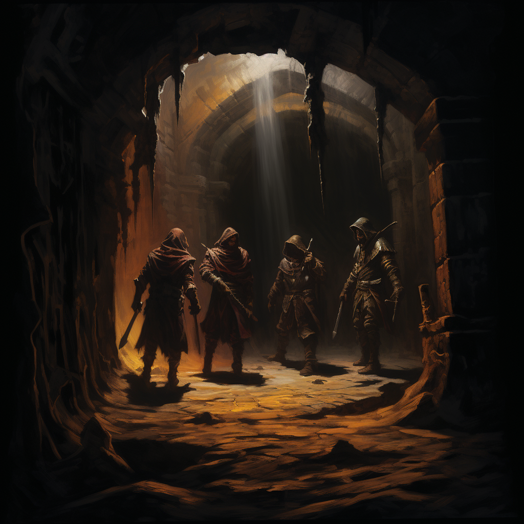 Four adventurers ready for dark dungeon exploration