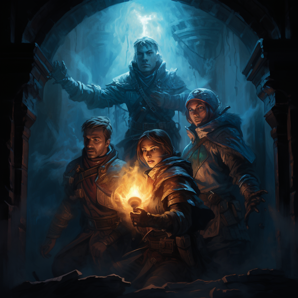 Adventurers opening a crumbling tomb in a dungeon