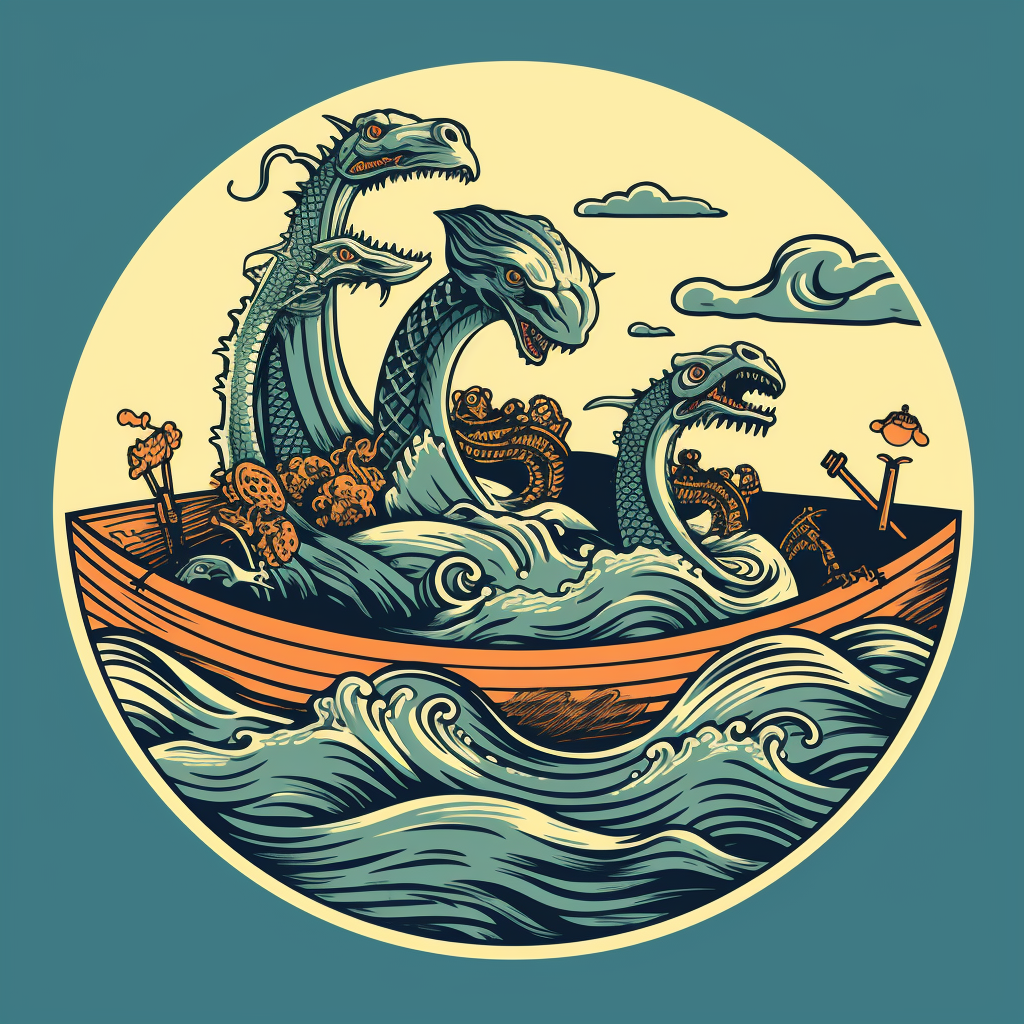 A bowl of soup with adventurers and sea serpent