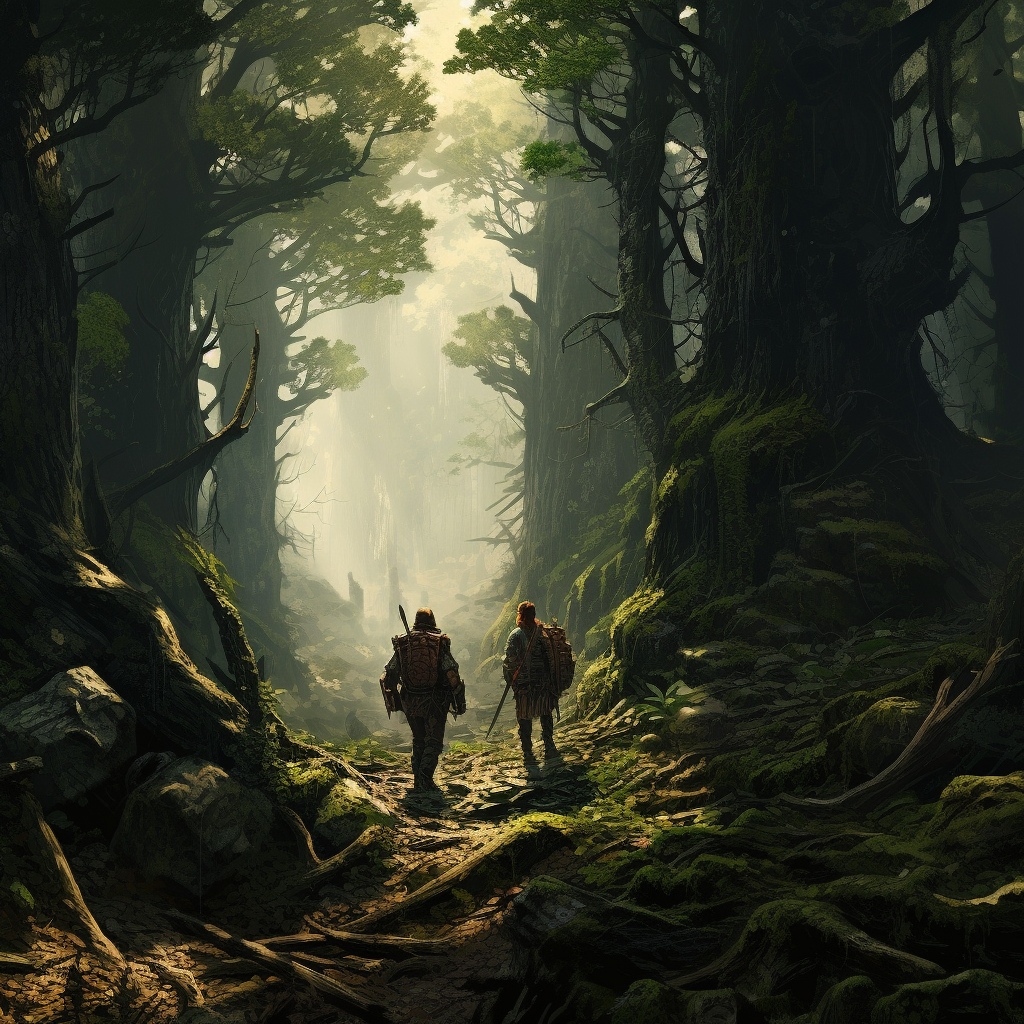 Adventuring group in a serene deep forest