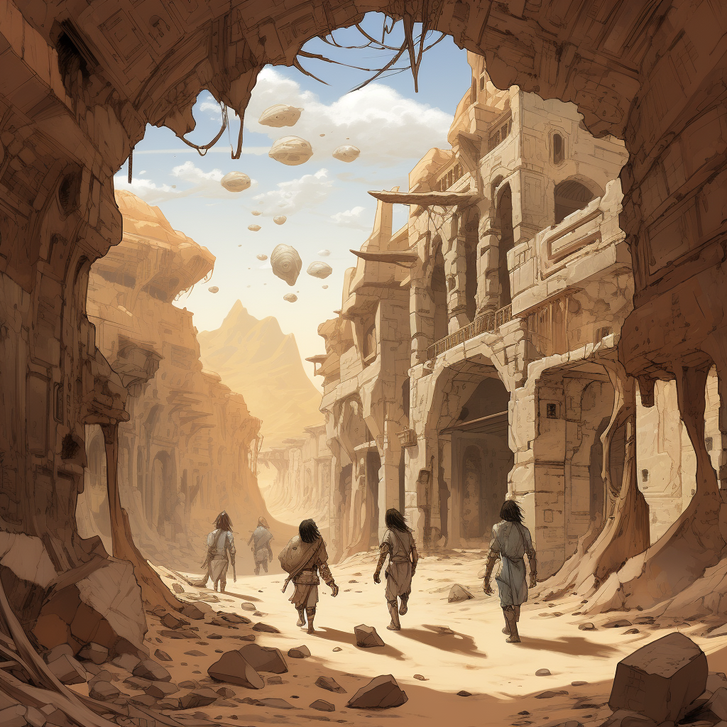 Adventuring party fleeing through desert ruins