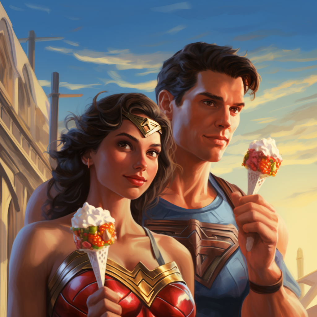 10-year-old Wonder Woman and 25-year-old Superman eating ice cream