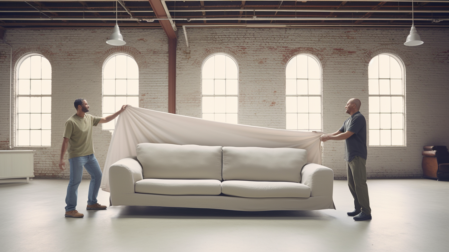 Two men carrying upholstered furniture