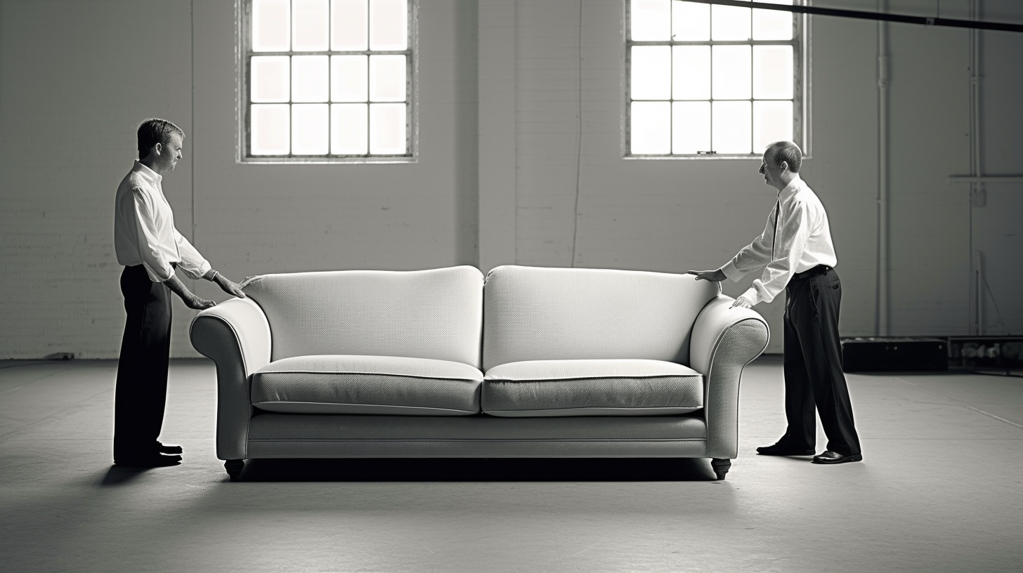 Two Men Carrying Upholstered Furniture in a Bright Room