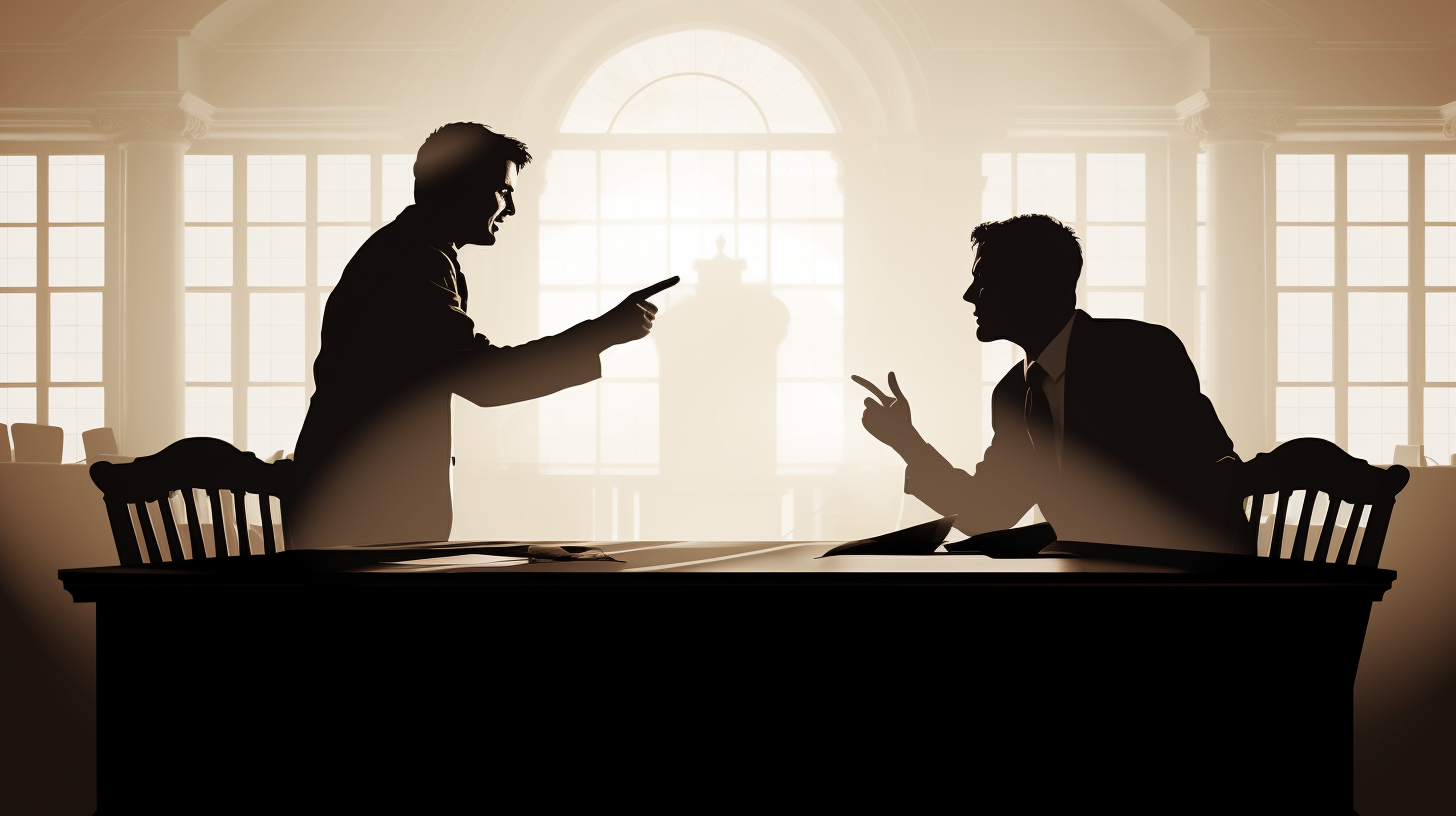 Silhouette of two advocates arguing in court