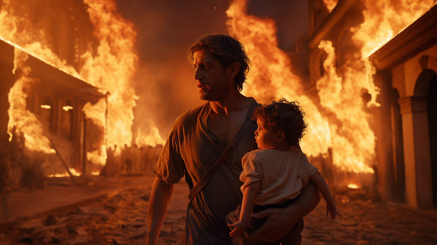 Aeneas carrying his father and child through burning Troy