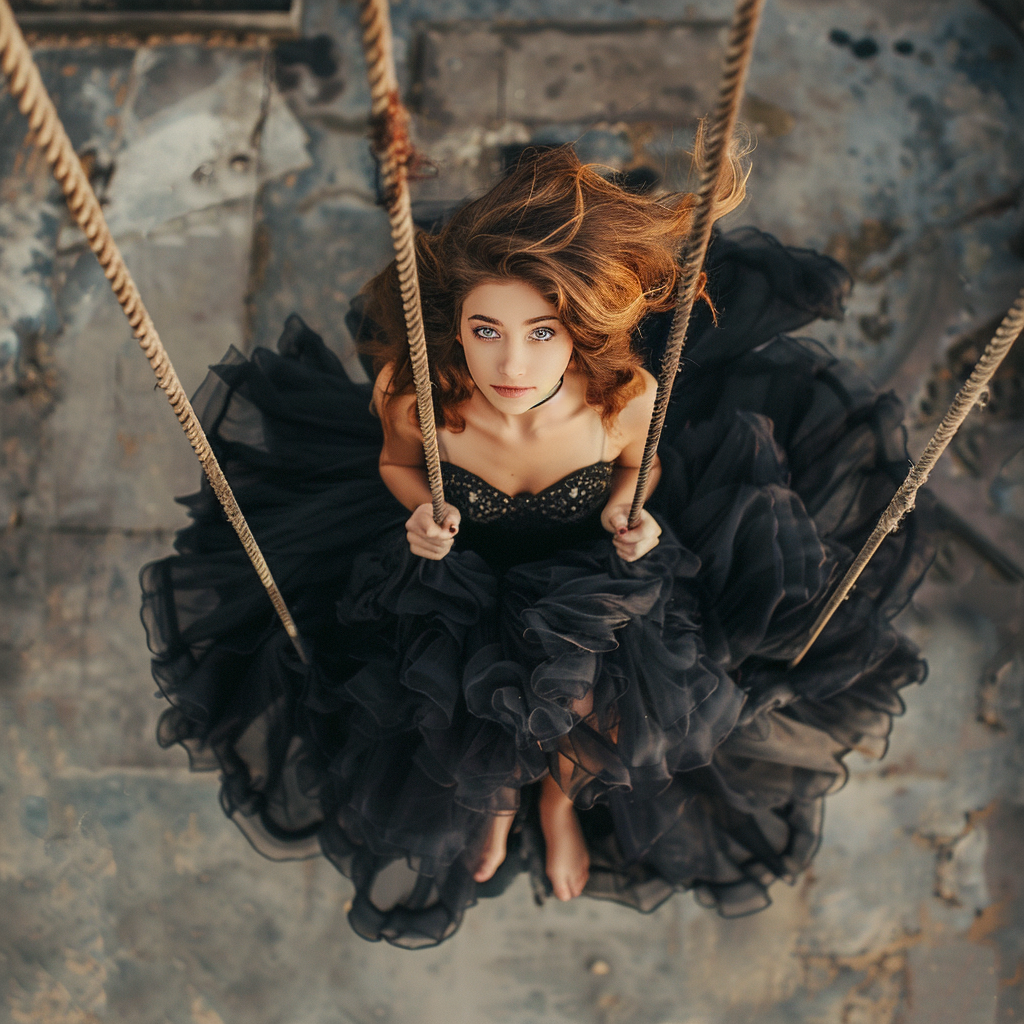 Female model standing on swing