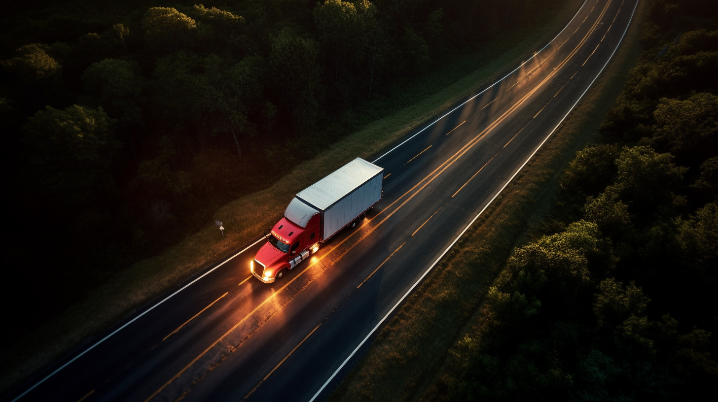 Freightliner Truck on Wet Highway at Dusk