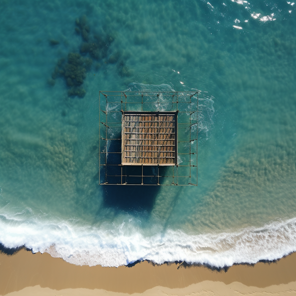 Aerial view of ocean, beach, and pier with swimming cage