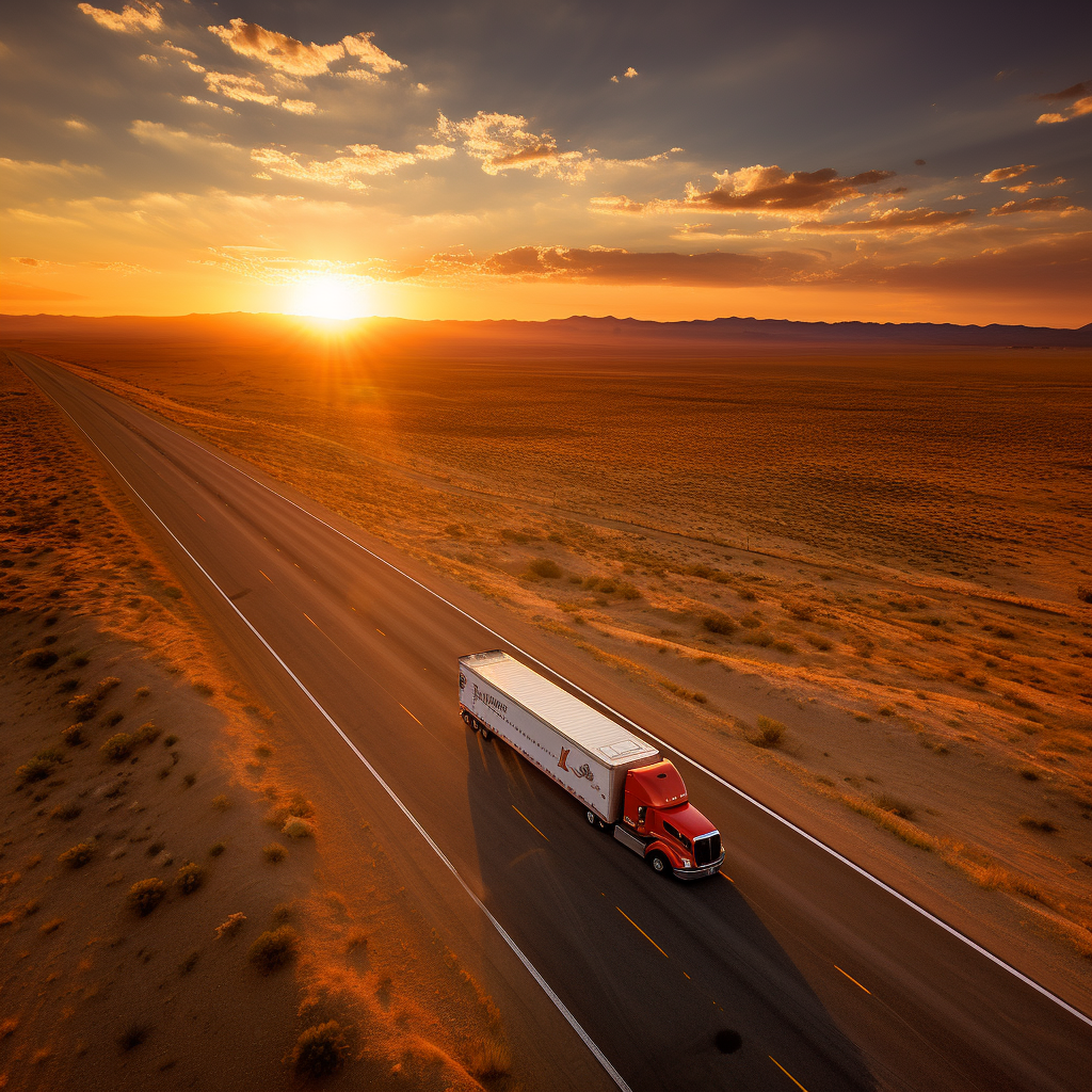 Aerial truck driving in California desert sunset