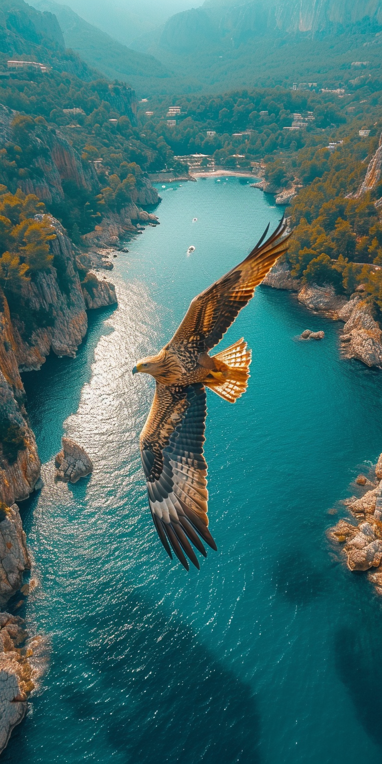 Eagle flying over mountains and sea