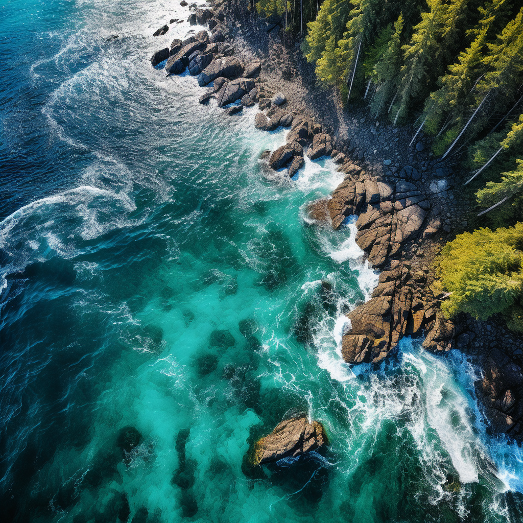 Aerial view of ocean, forest, and black boulders