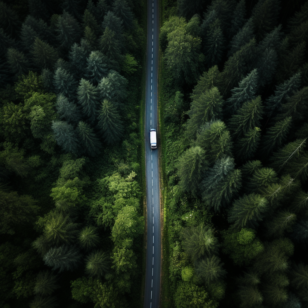 Aerial view of truck in forest