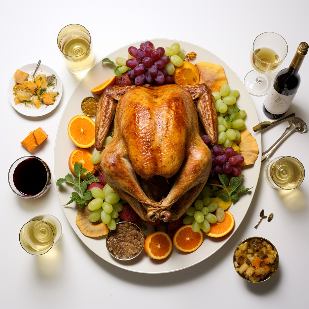 Aerial turkey dinner on white background