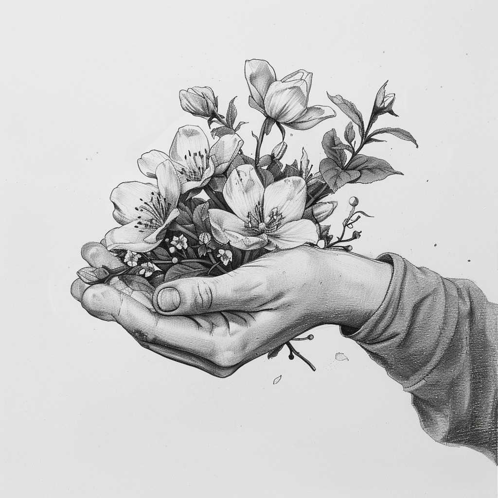 Hands holding flowers drawing