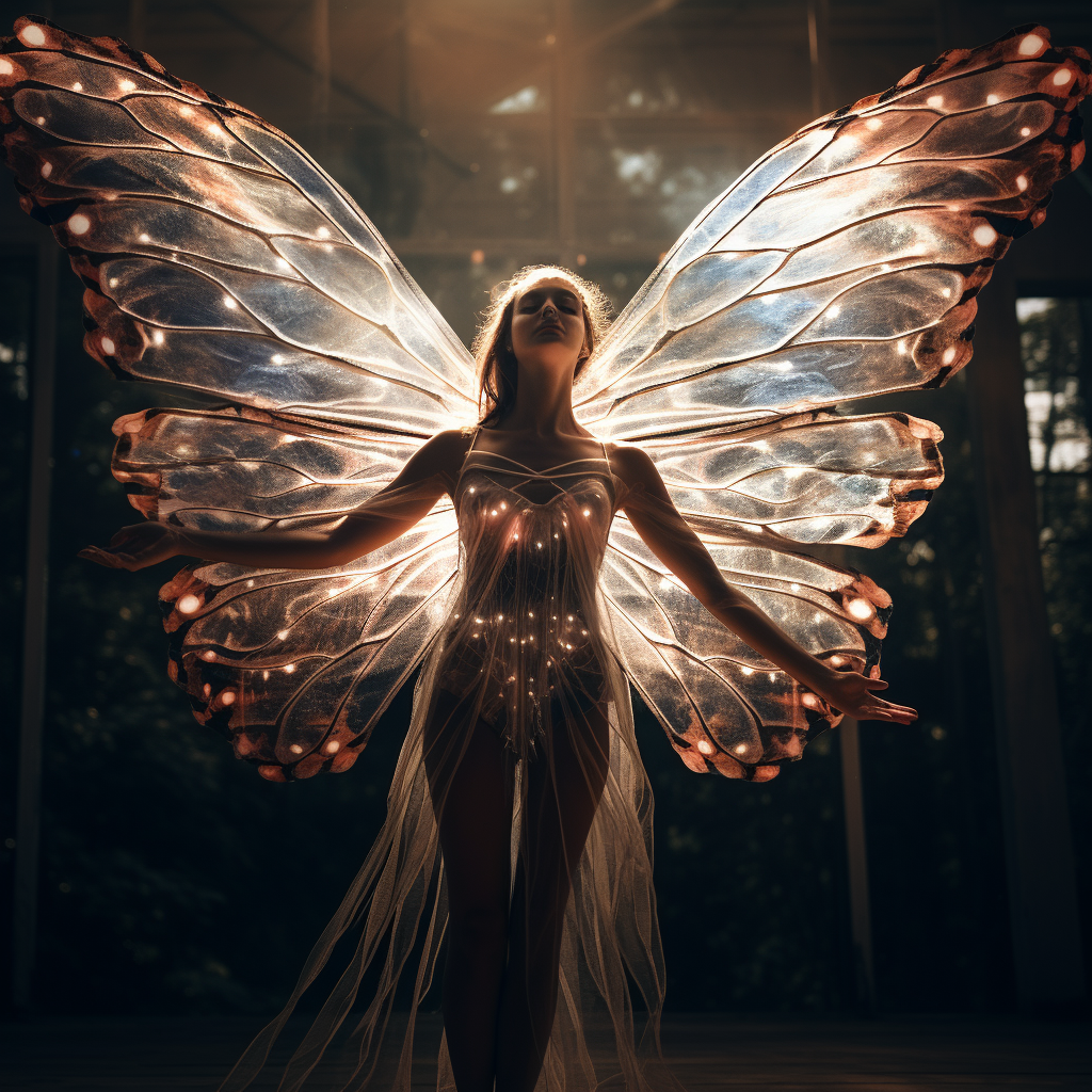 Human spirit wearing butterfly wings in ultra realism