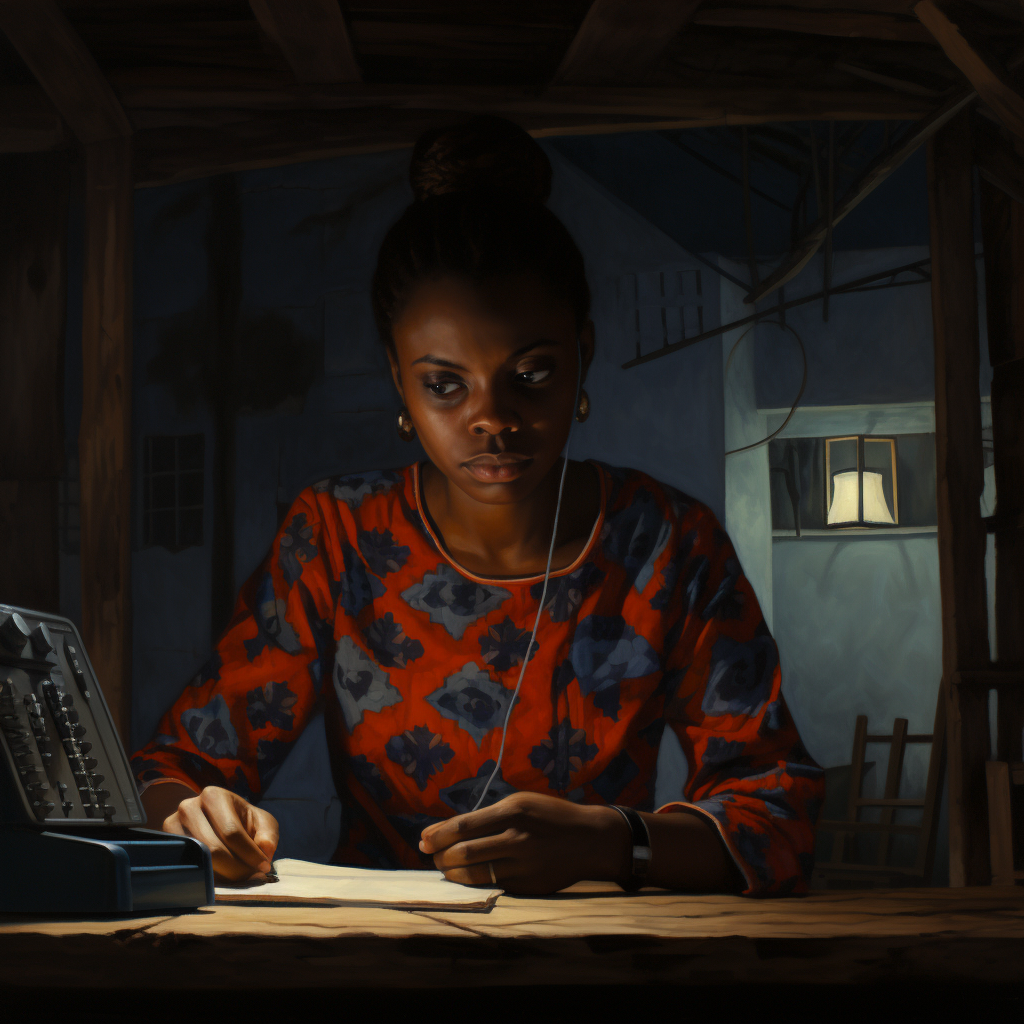 Smiling African woman on desk with phone