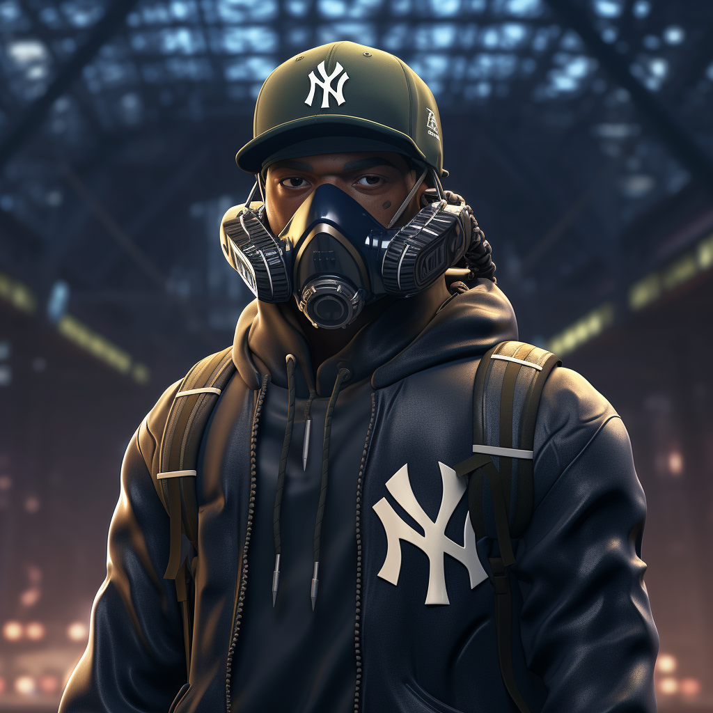 Anime character with Yankees cap, gas mask, hoodie