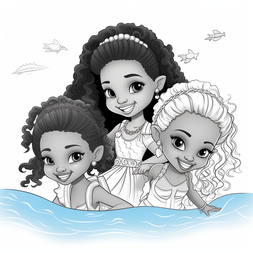 Coloring sheet of African-American cartoon mermaids