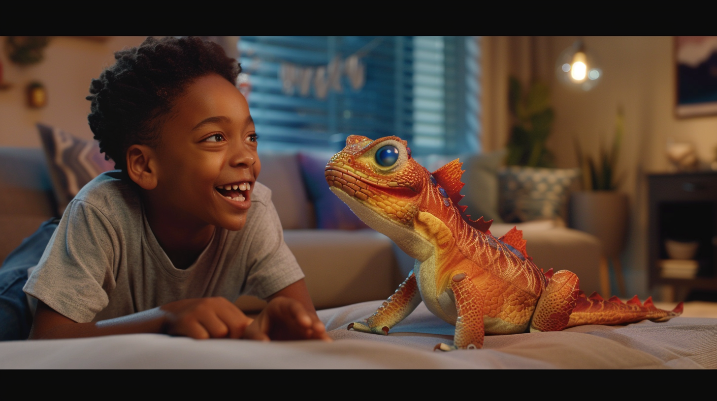 Child playing with plush lizard toy