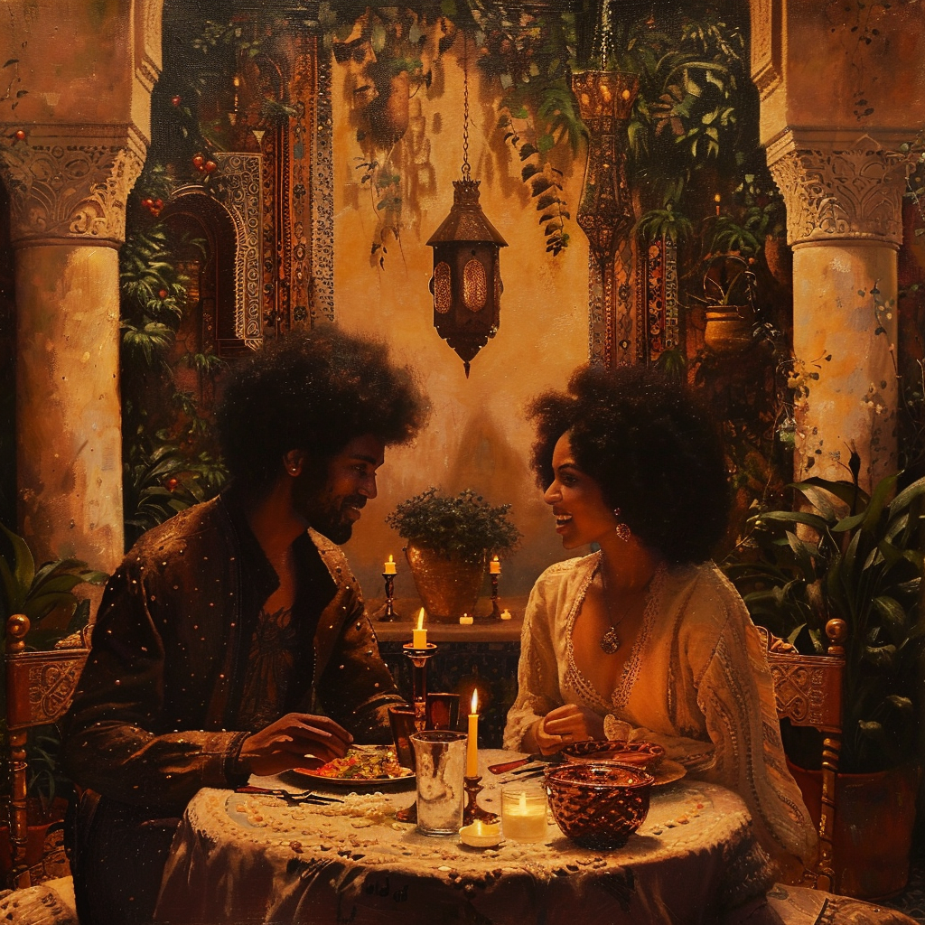 African American couple candlelit dinner