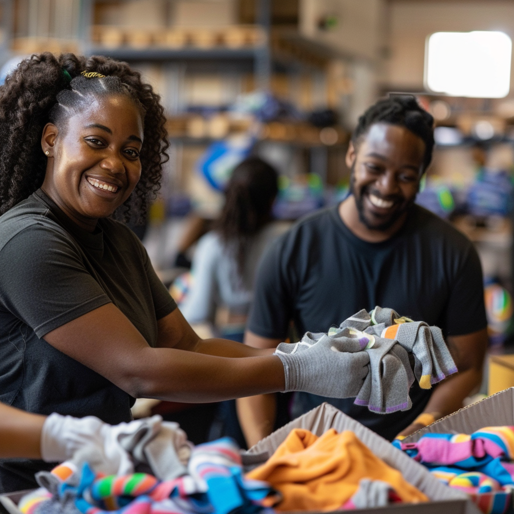 African American employees pack socks