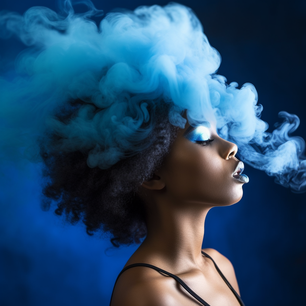 African American girl with blue lips exhaling smoke