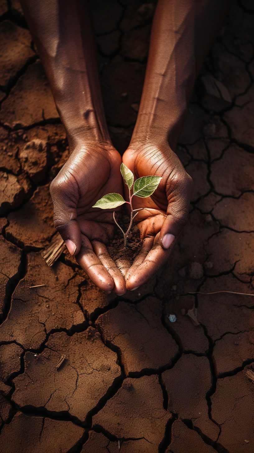 African American hands nurturing seedling in parched land