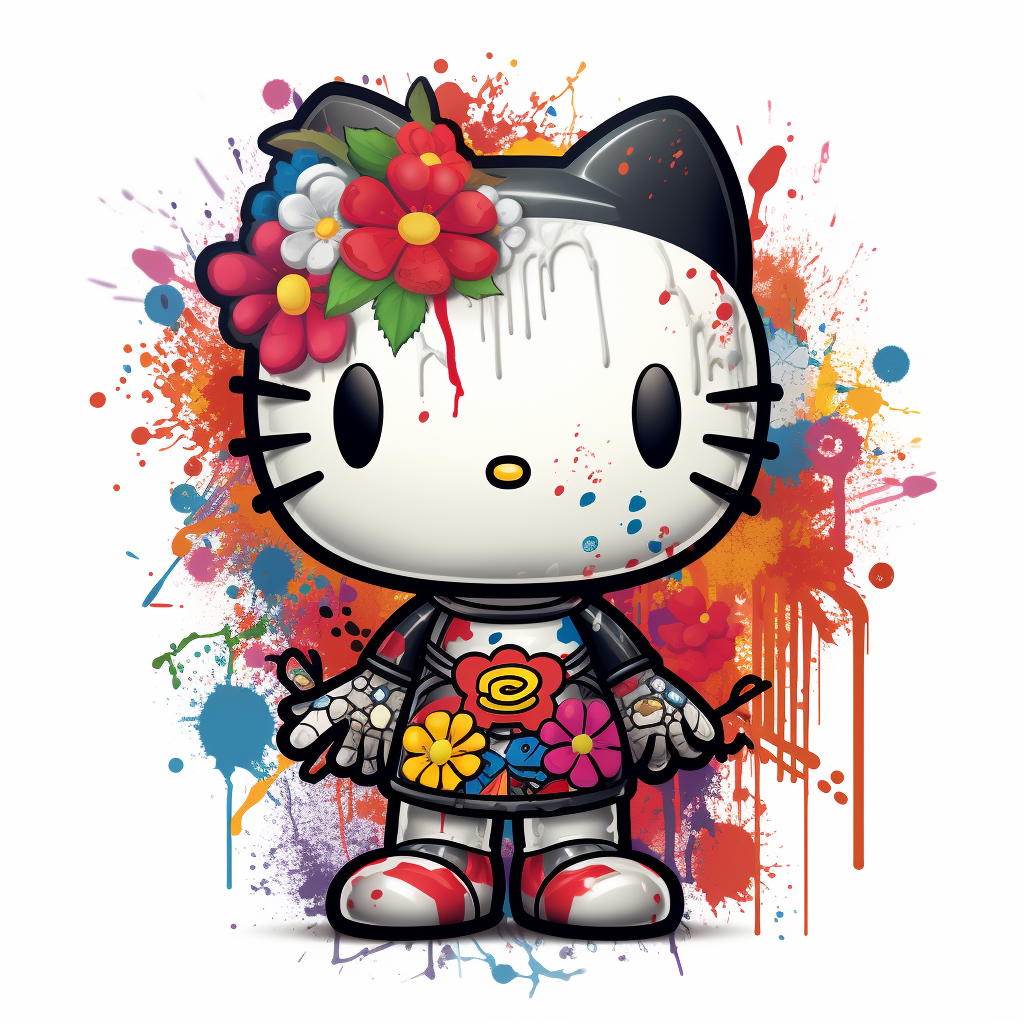 African American Hello Kitty with Graffiti and Flowers