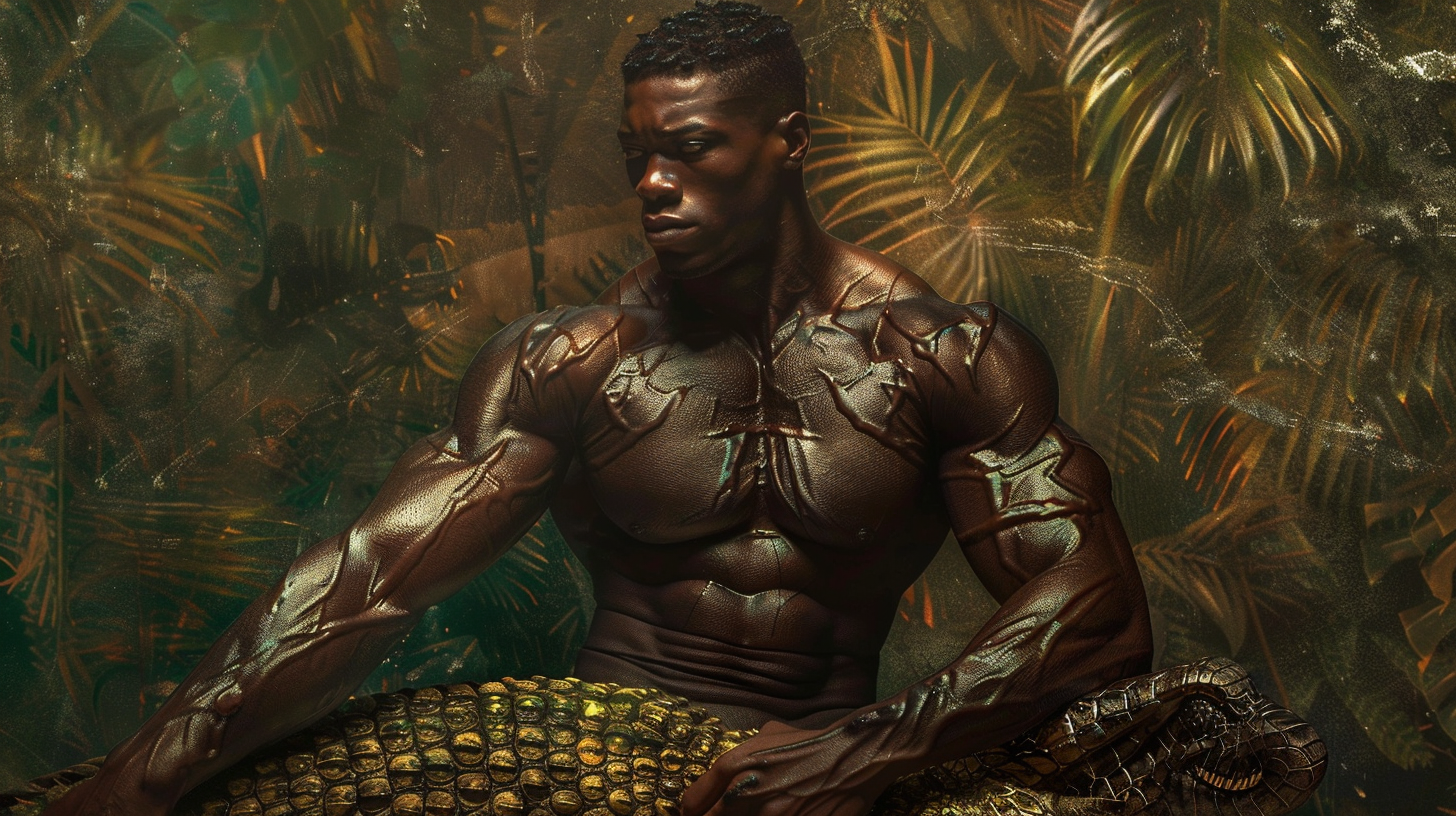 Muscular African American Man Crocodile Skin