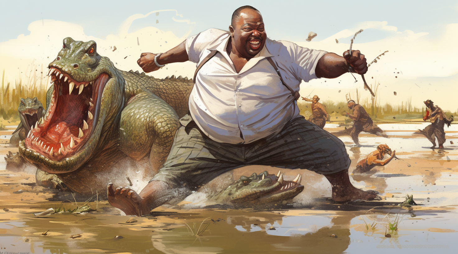 African American man kicking crocodiles in mud cartoon