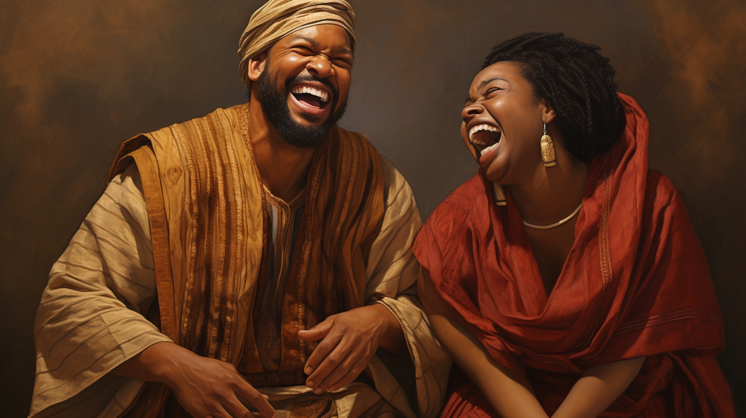 African-American men women biblical garments laughing