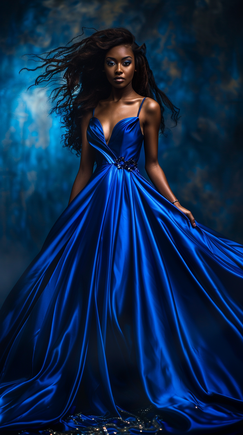 African American woman in blue satin dress