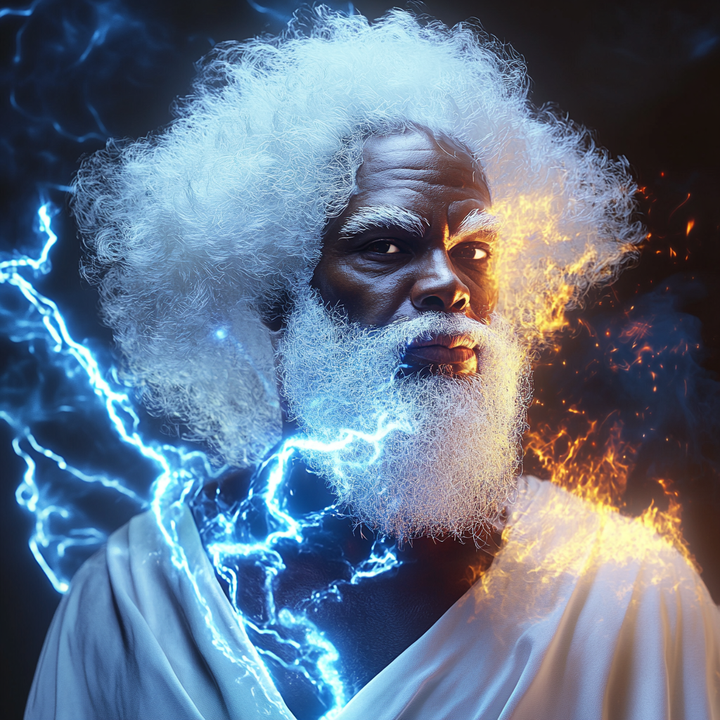 African American superhero with blue lightning fire