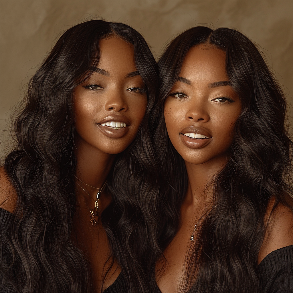 African American supermodels with long hair extensions posing and smiling