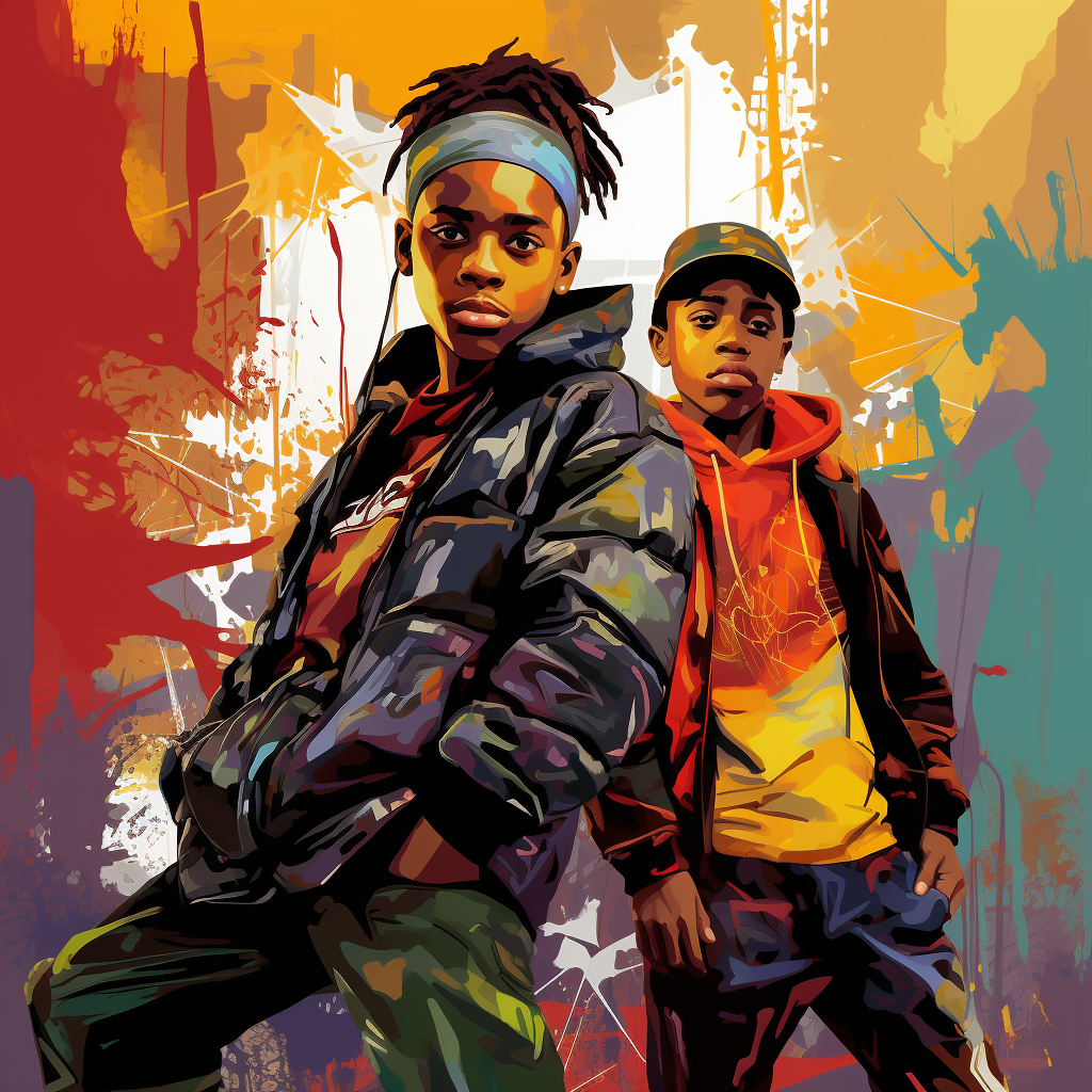 Dramatic illustration of African American teens in 1990's NY hip hop