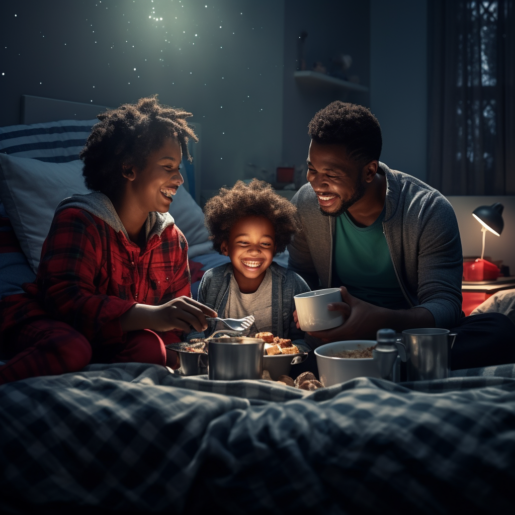 African American toddler sitting between parents giggling