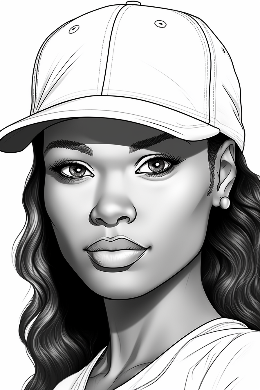 Coloring page of African American woman in baseball cap