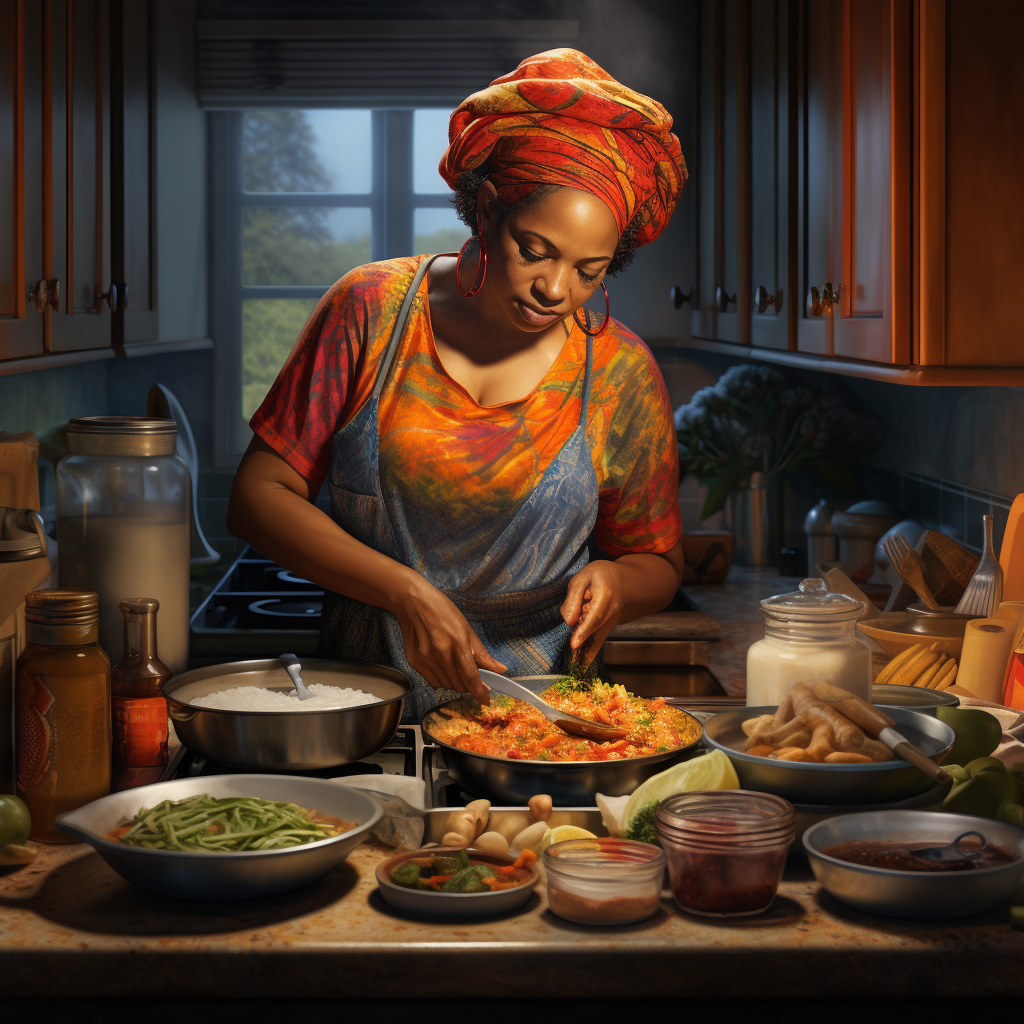 African American woman cooking in vibrant kitchen