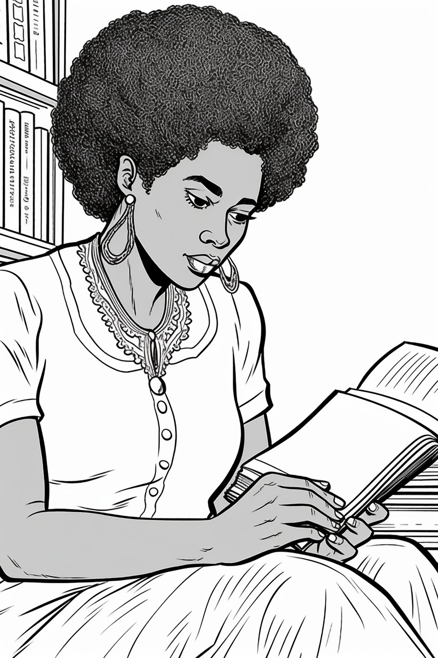 African American woman reading coloring book