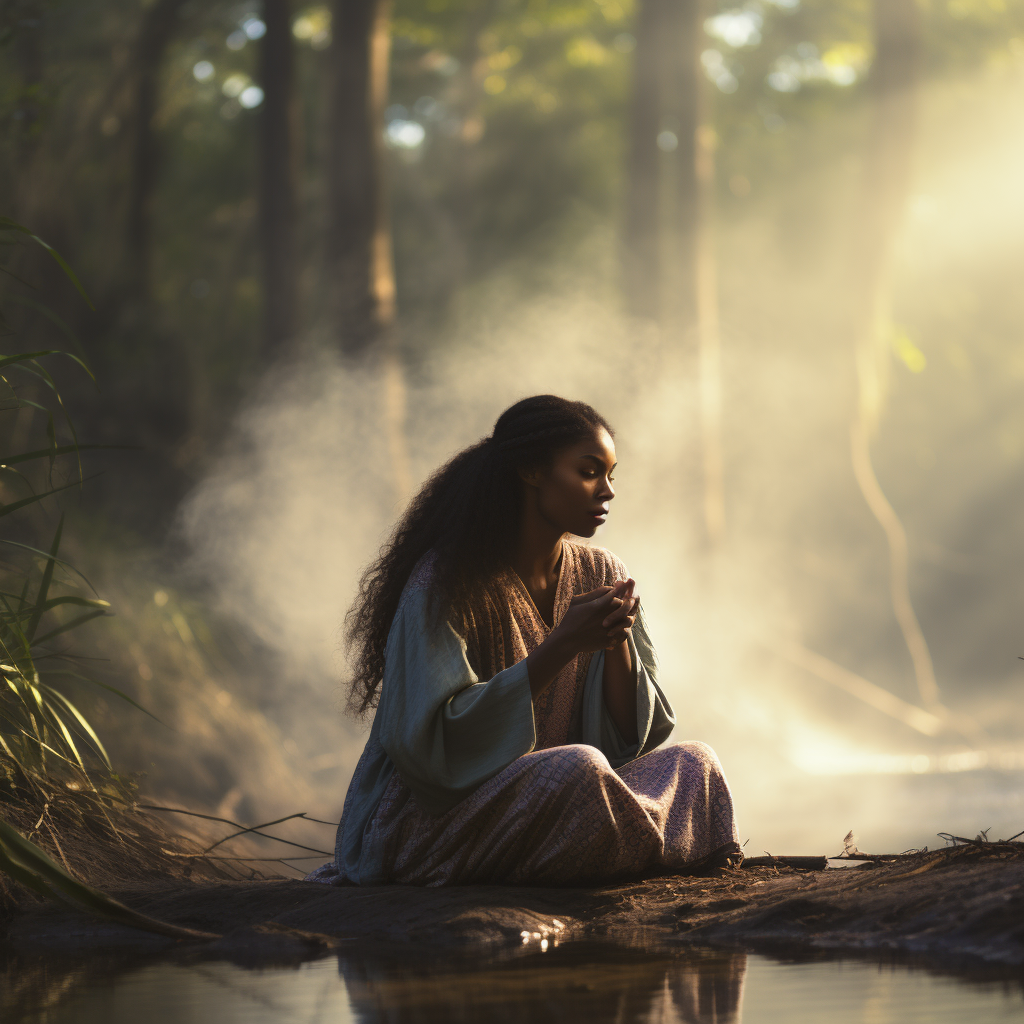 African-American Woman Camping in Serene Forest  ?️