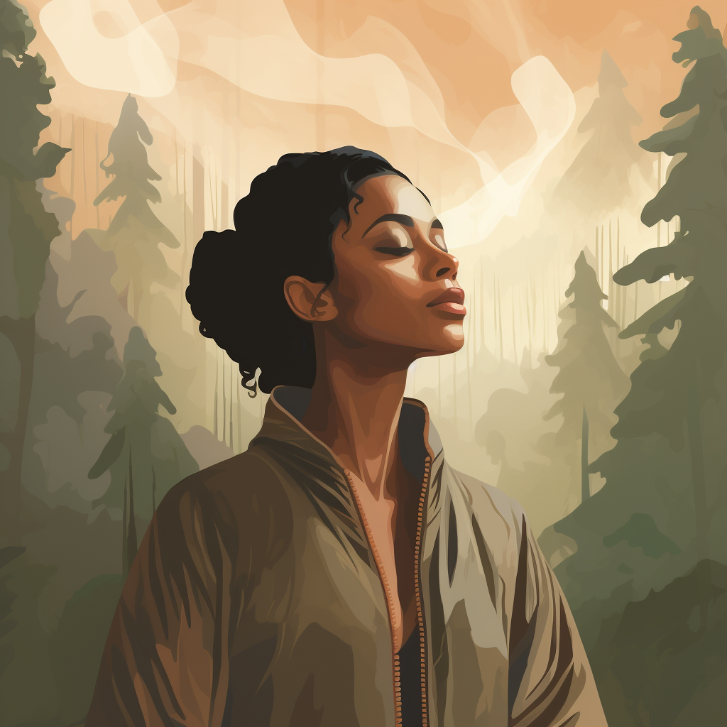 African American woman camping in serene forest