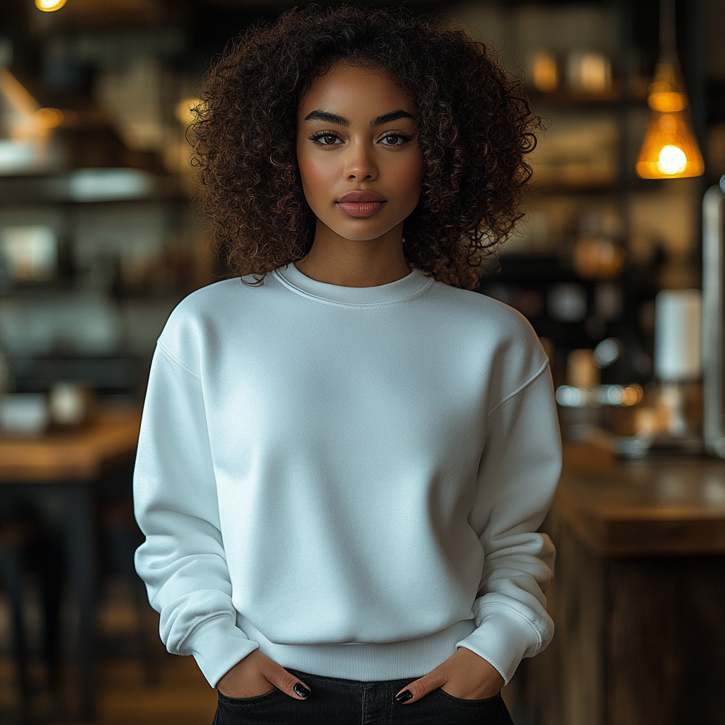 African American Woman White Sweatshirt Mockup