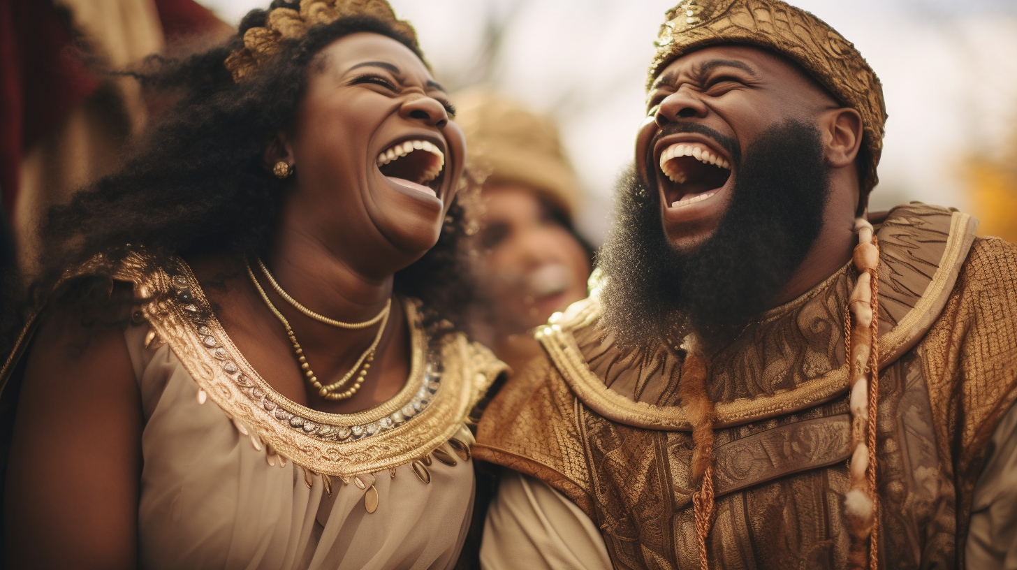 African American biblical garments laughing