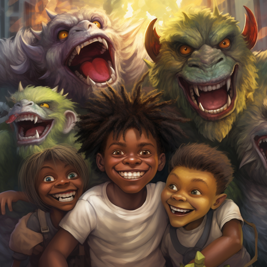 African boy with monster guardians