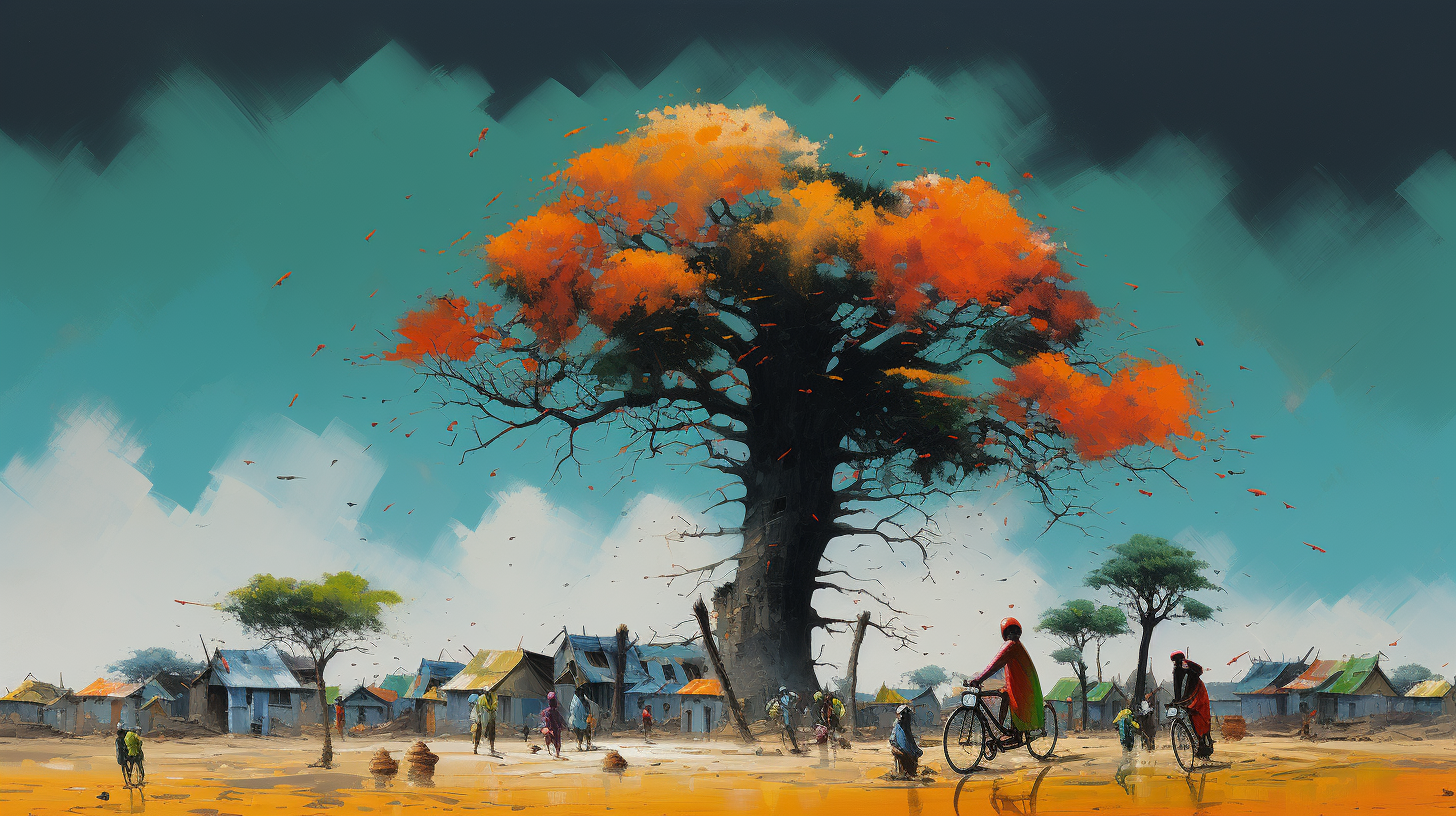 Unique Oil Painting of African Children on a Bicycle